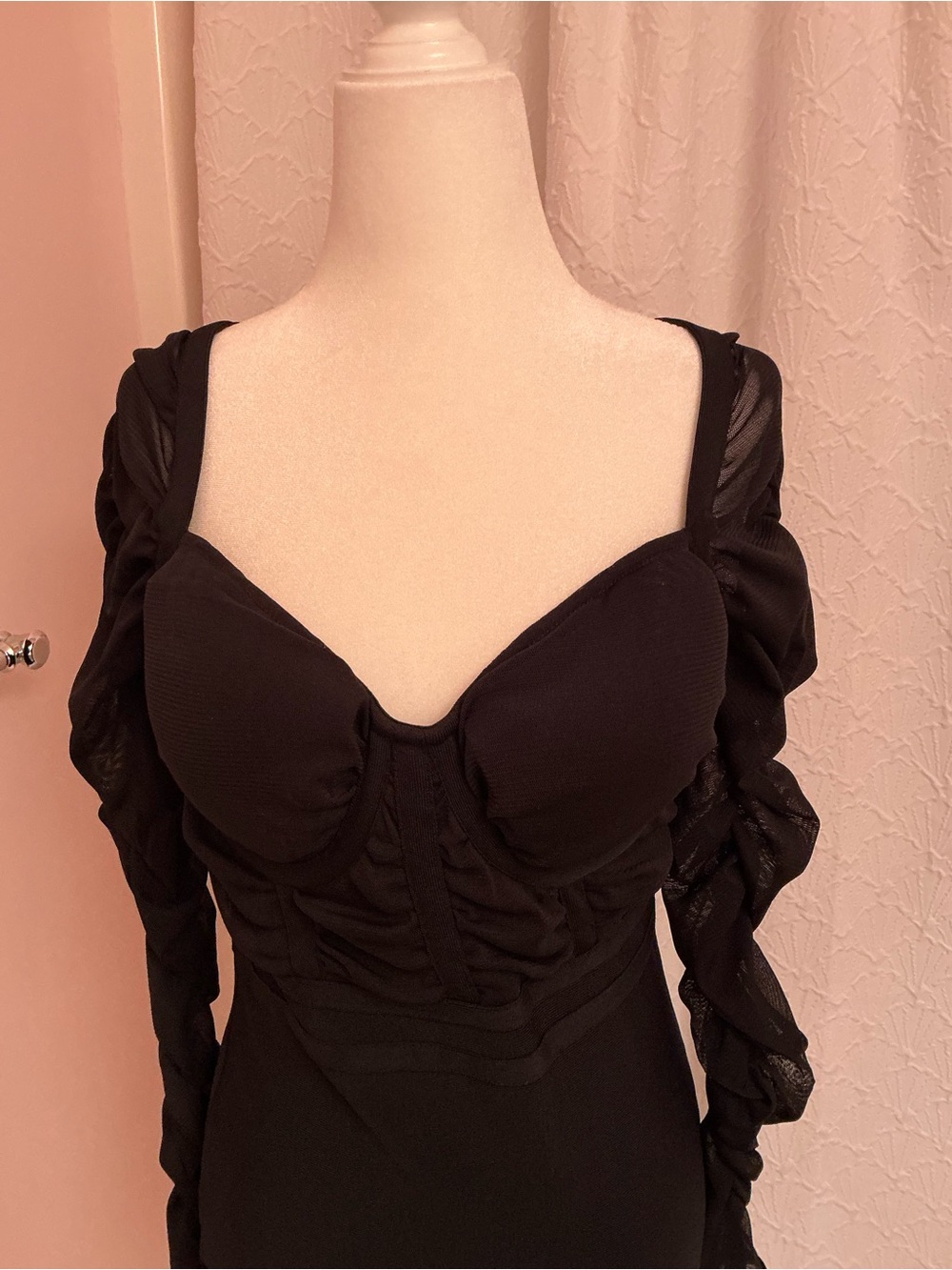 VENUS Black Mini Dress with Ruched Sheer Sleeves